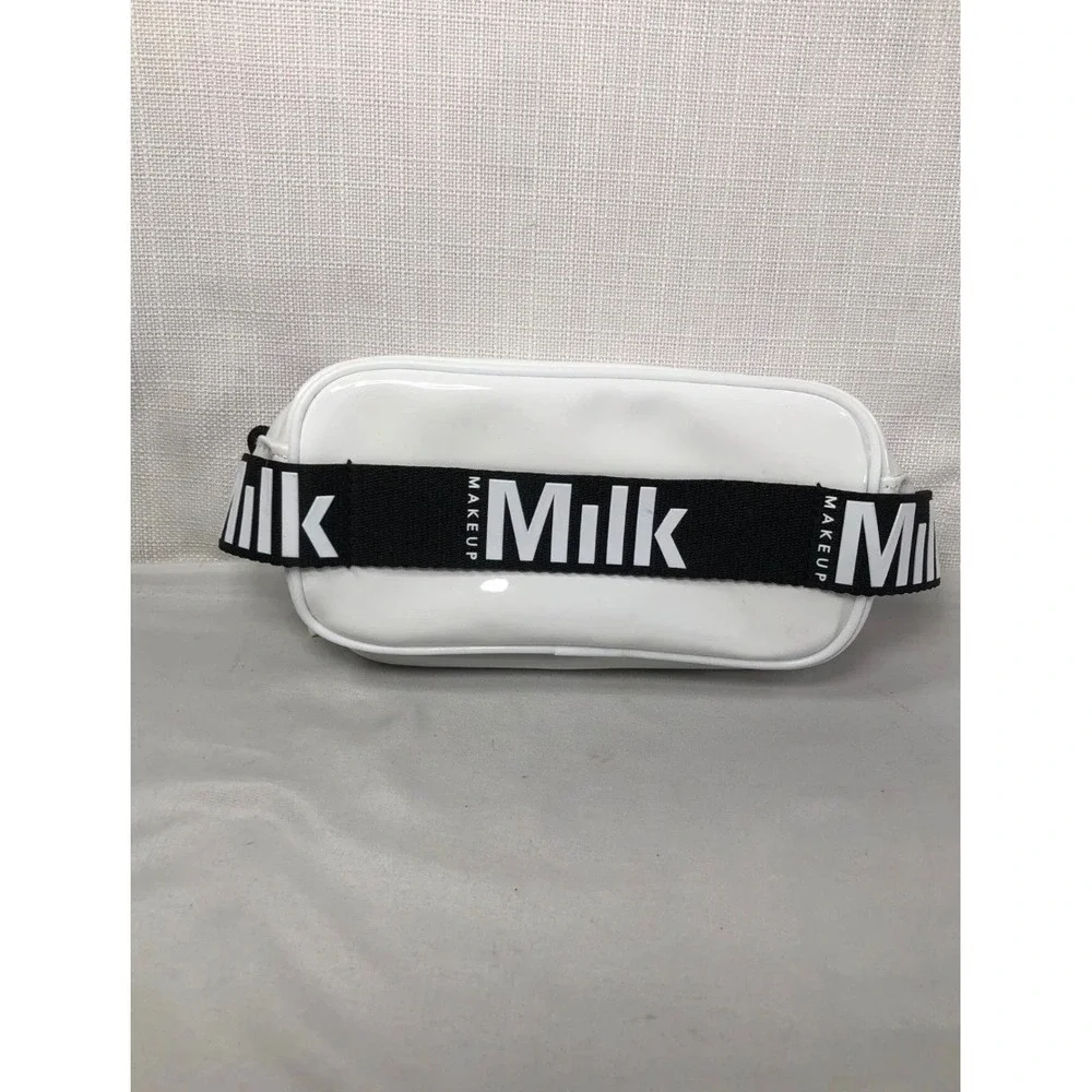 Milk Makeup White Patent Vinyl Cosmetic Bag Neon Orange Lining Logo Strap Pouch